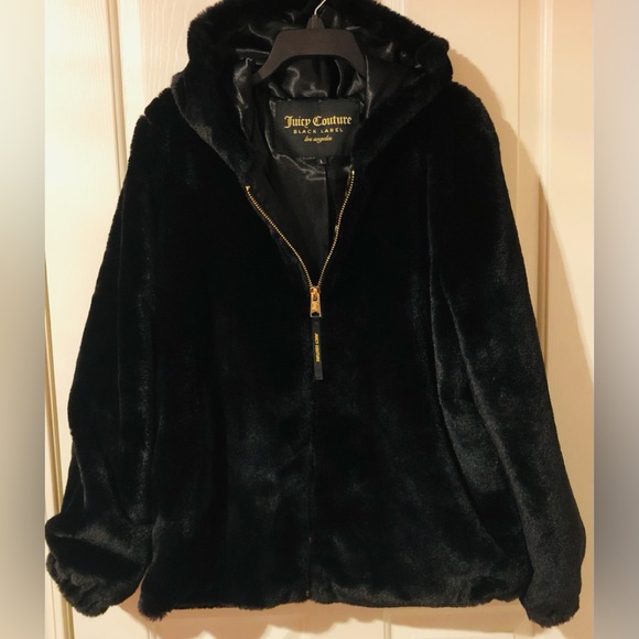 Juicy Couture Black Label Black Faux Fur Coat Full Zip Hooded Jacket Sz Large - Picture 1 of 5